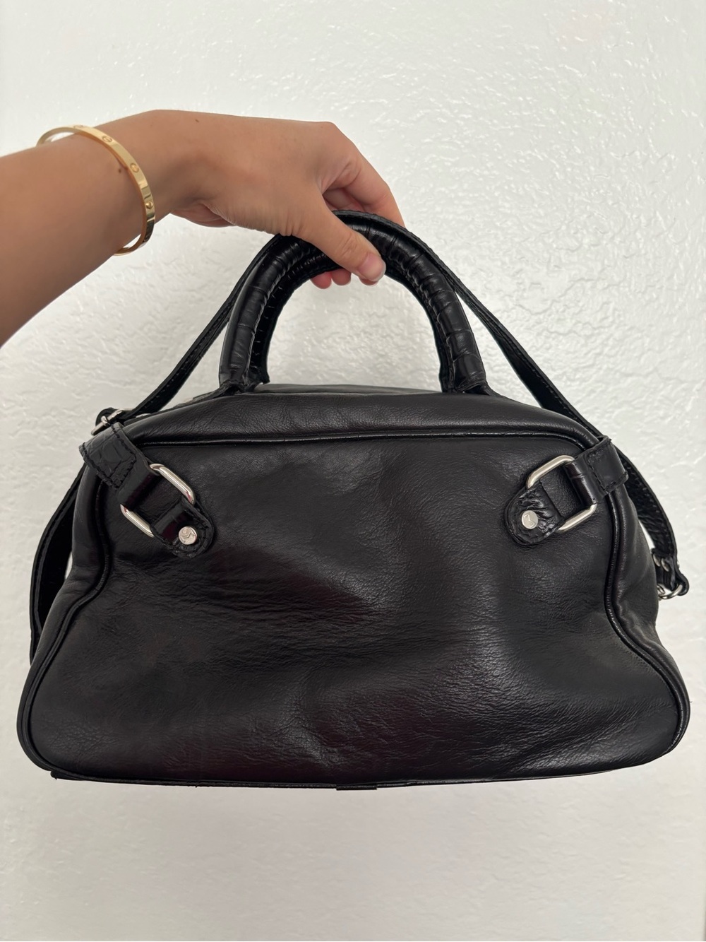Madonna for H&M Black Leather Top-Handle Bowling Bag with Removable Strap